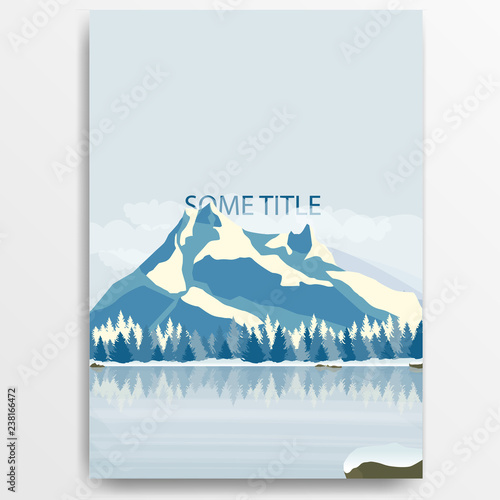 Cover for notebook winter landscape. Mountains, forest and river