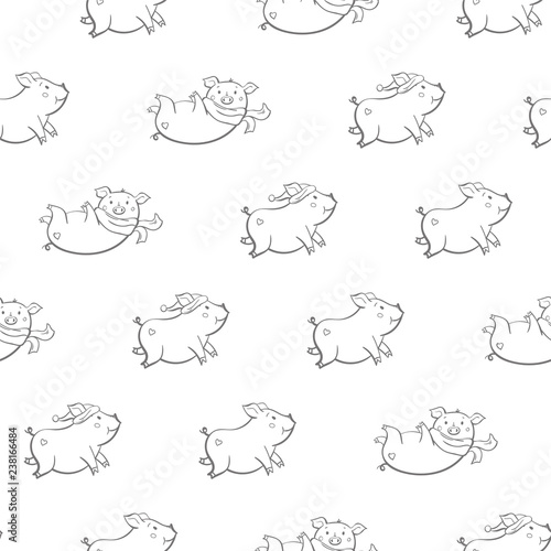 Seamless pattern with lovely cute cheerful piggies. Winter background in hand drawn style.