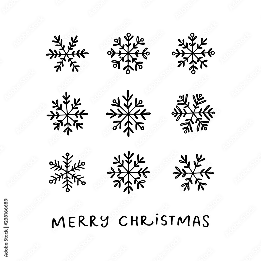 Snowflakes vector doodle drawing. Merry Christmas greeting card