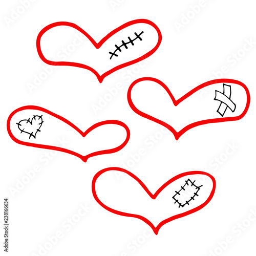 Vector set of hand drawn hearts with plaster, scar and patch