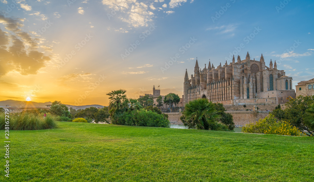 Landscape with Cathedral La Seu at sunset time in Palma de Mallorca islands, Spain - obrazy, fototapety, plakaty 