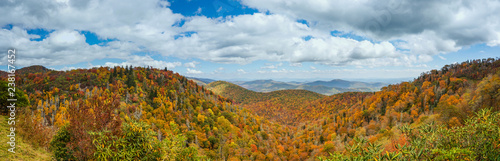 Blue Ridge mountains in late autumn color panorama landscape on the Blue Ridge Parkway in North Carolina