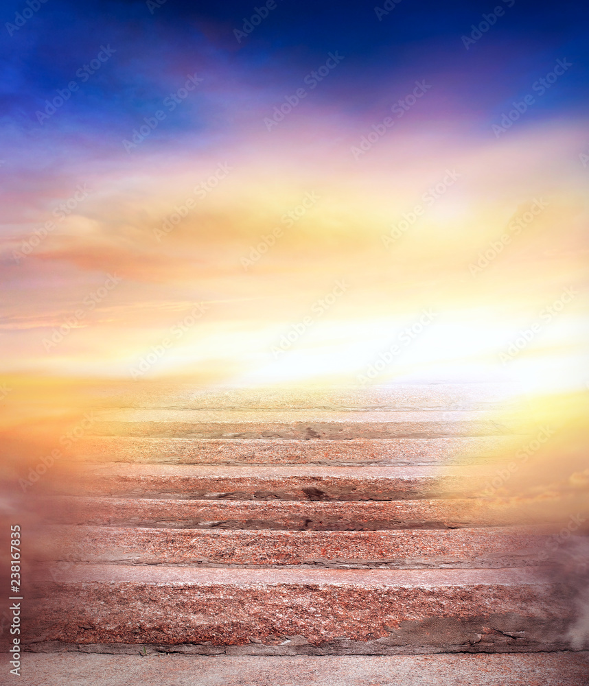 Light in dark sky . Stairs in sky . Religion for the person . Way to heaven . Religious background . Way to success