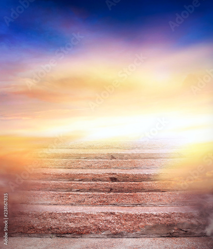 Obraz na płótnie Light in dark sky . Stairs in sky . Religion for the person . Way to heaven . Religious background . Way to success w salonie
