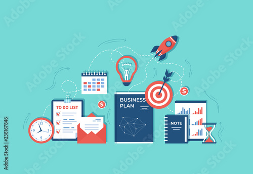 Business project startup, financial planning, idea, strategy, management, realization and success. Rocket launch, business plan, hourglass, target, money, calendar, bulb, envelope. Vector  