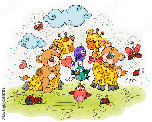 Illustration with couple of cute teddy bears and giraffes