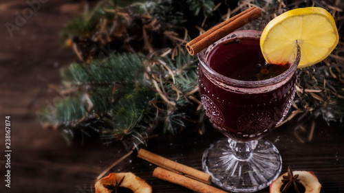Mulled wine with spices and fruits. Space for text