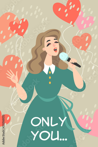 Vector Valentines day Illustration with lovely girl singing a love song