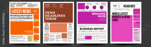Newspaper Cover Set Vector. With Text And Images. Daily Opening News Text Articles. Press Layout. Magazine Mockup Template. Paper Tabloid Page Article. Breaking. Illustration photo