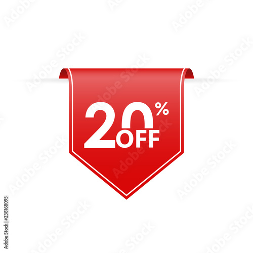 20 percent off. Sale tag ribbon or pennant. Price off and discount badge. Vector illustration.