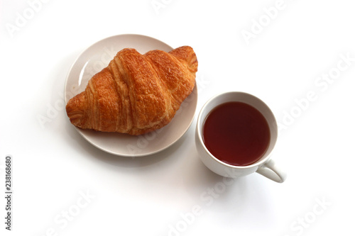 Fototapeta Naklejka Na Ścianę i Meble -  Coffee white cup, Plain croissant on white background