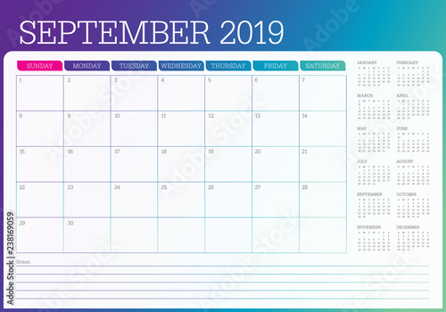 September 2019 desk calendar vector illustration