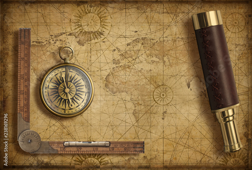Old medieval world map with compass and spyglass. Adventure and travel concept. 3d illustration.