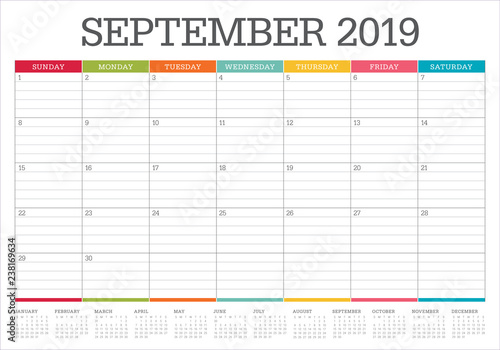 September 2019 desk calendar vector illustration