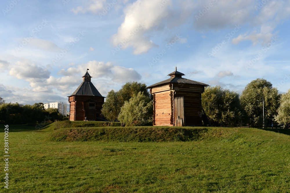 The moss tower of Sumy Ostrog and the tower of Bratsk Ostrog in the Kolomna city of Moscow