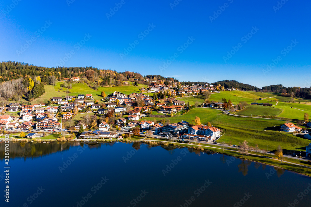 Aerial view, Hopfensee, Hopfensee am See, Füssen region, Ostallgäu, Bavaria, Germany