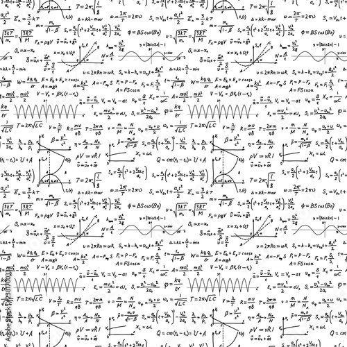 Black hand-drawn complicated scientific formulas and calculations, seamless pattern on white