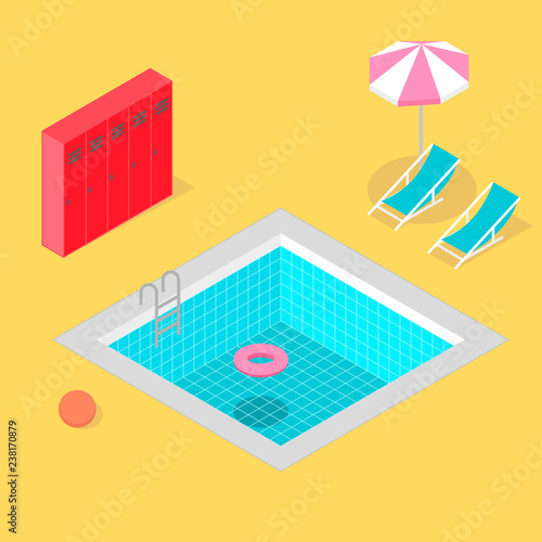 Isometric swimming pool with locker umbrella beach ball life ring and beach chair