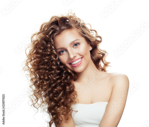 Pretty woman with curly haircut isolated on white. Positive emotion