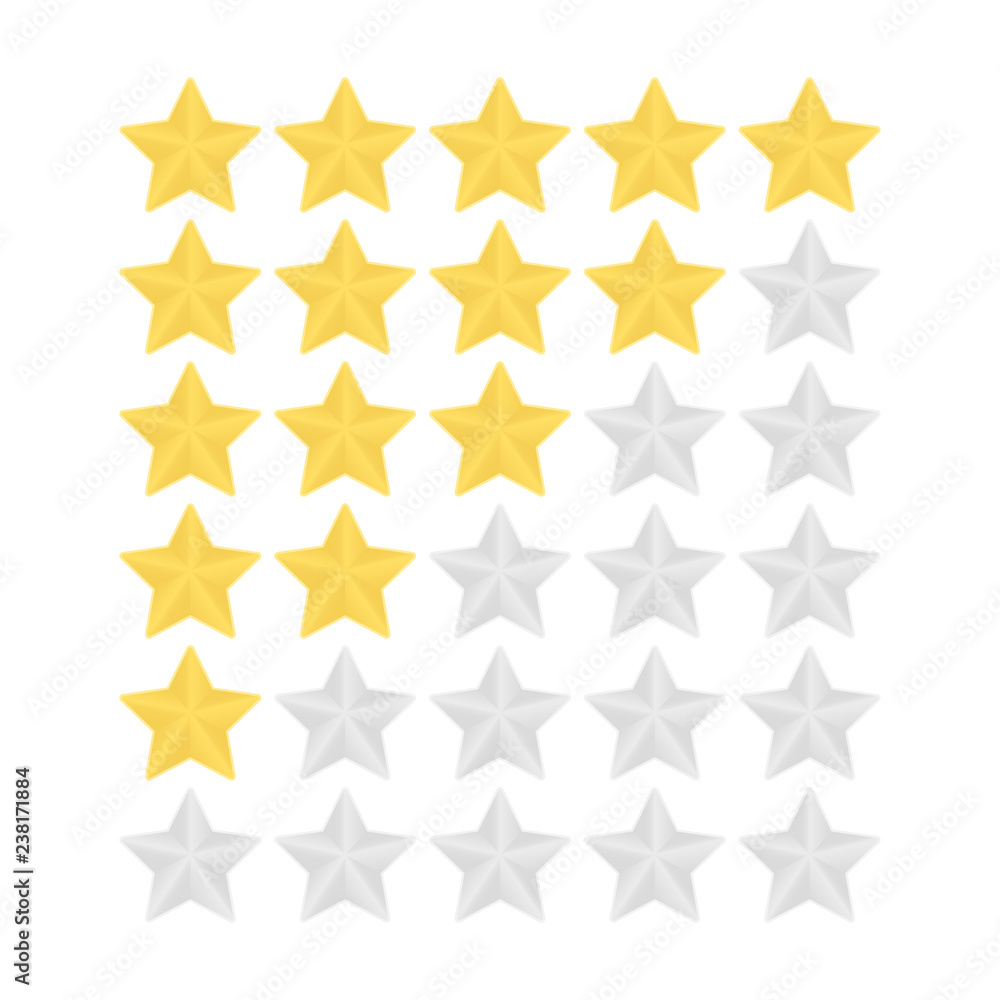 Ranking five star vector illustation. Gold and silver star rating icons. Voting rate stars. Ranking five star vector illustation. Gold and silver star rating icons. Voting rate stars.