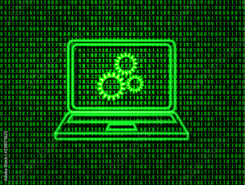 Vector Neon Laptop Icon with Gears on the Screen on Green Matrix Data Background.