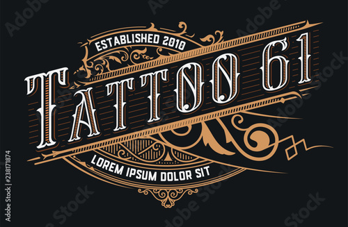 Tattoo logo template. Old lettering on dark background with floral ornaments.Vector layered
