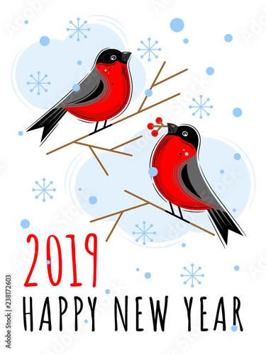 Bullfinches in the snow. Vector Christmas cards. Happy New year 2019. For Christmas decoration and other winter holidays. 