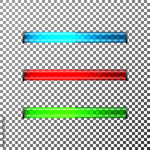 Three modern glossy, glass loading bars with blue, red and green colors. Vector illustration.
