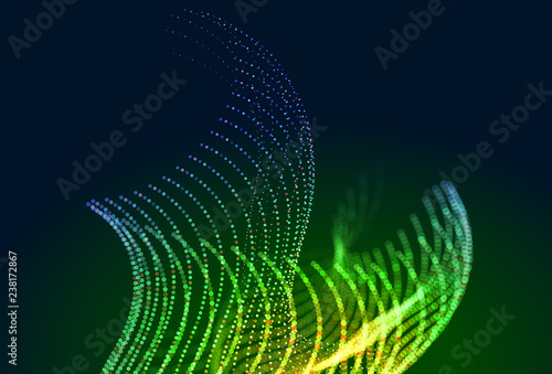 Abstract colorful digital landscape with flowing particles. Cyber or technology background. Green, yellow, blue colors.