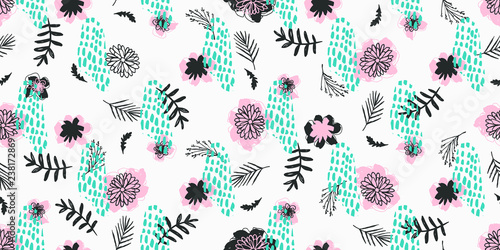 Fototapeta Naklejka Na Ścianę i Meble -  Beautiful Flowers Seamless Pattern with Hand Drawn Brush Strokes. Trend Print Wallpaper.Hand Drawn Illustration for Surface , Invitation , Notebook, Banner , Wrap Paper ,Textiles, Cover