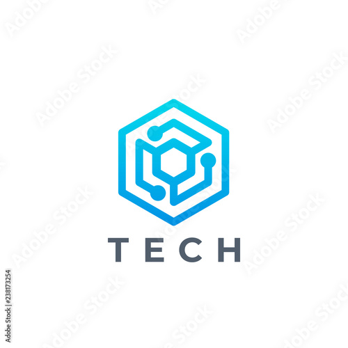 Tech hexagon logo. Developer work logotype. Technology biotechnology, tech icon and symbol