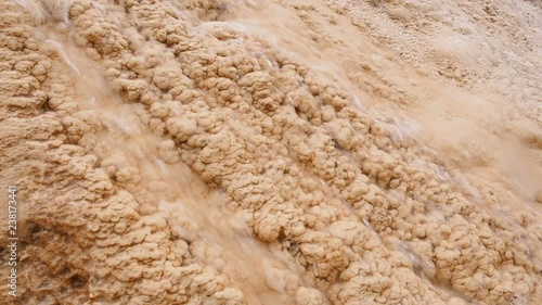 Travertine Terraces Close Up. Mineral Water Flows Naturally From a Spring in the Mountains. Beautiful Nature. Mineral Springs Macro