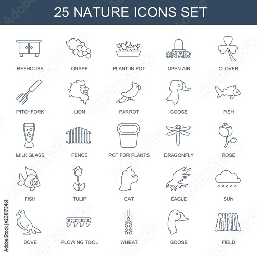 nature icons. Trendy 25 nature icons. Contain icons such as beehouse, Grape, plant in pot, open air, Clover, pitchfork, lion, parrot, goose, fish. nature icon for web and mobile.