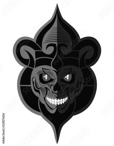 Decorative black and white evil skull with white teeth flat paper memorable art for sticker, tattoo or t-shirt printing