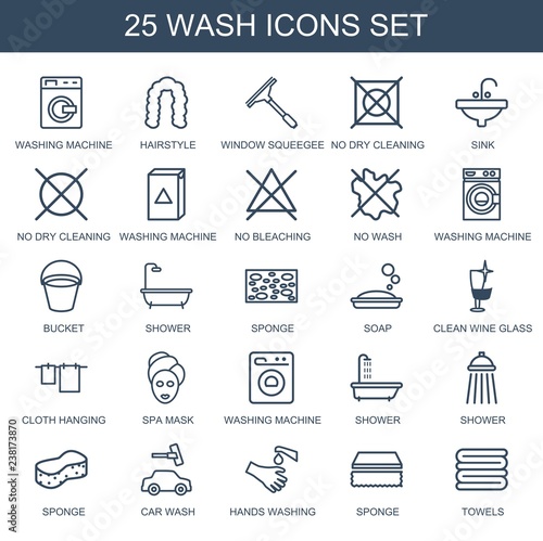 25 wash icons. Trendy wash icons white background. Included outline icons such as washing machine, hairstyle, window squeegee, no dry cleaning, sink. wash icon for web and mobile.