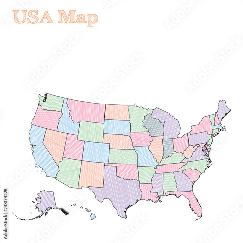 USA hand-drawn map. Colorful sketchy country outline. Exotic USA map with provinces. Vector illustration.