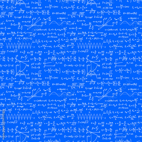 White hand-drawn complicated scientific formulas and calculations on blueprint plane, seamless pattern on white