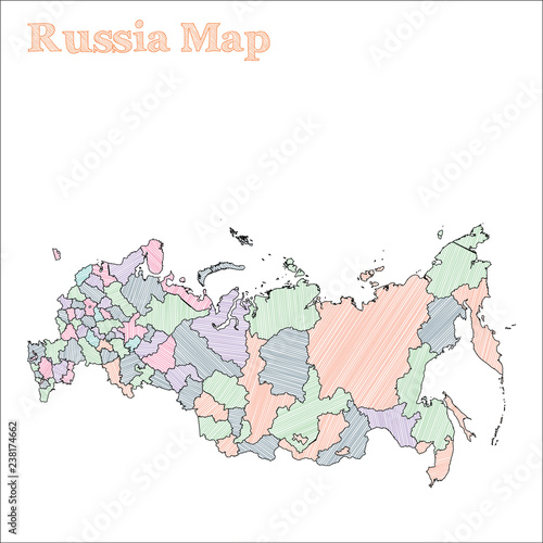 Russia hand-drawn map. Colorful sketchy country outline. Attractive Russia map with provinces. Vector illustration.