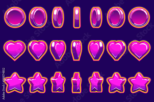 Cartoon violet heart, coin and star turn-based animation,GUI to build 2D games. Casual Game. Can be used in mobile or web game.