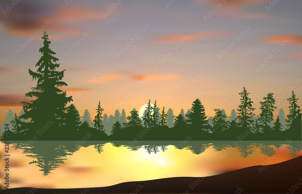 green forest and lake at sunset