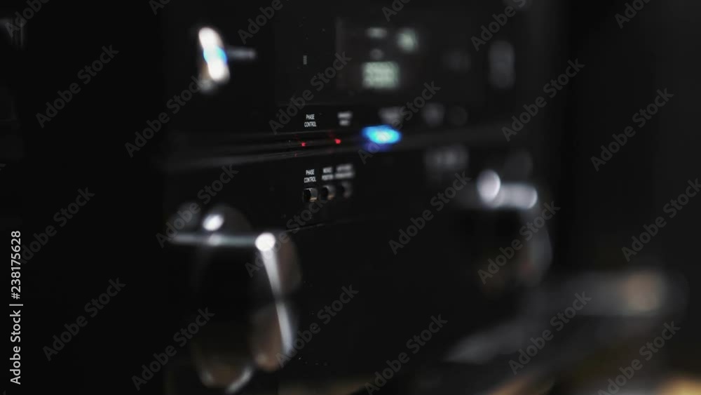 Music Receiver Pioneer. Amplifier button control of audio system for music background. Hi-Fi stereo system musical player, multimedia center. Home theater.