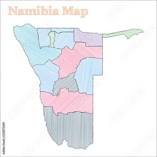 Namibia hand-drawn map. Colorful sketchy country outline. Symmetrical Namibia map with provinces. Vector illustration.