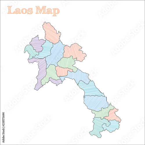 Laos hand-drawn map. Colourful sketchy country outline. Pleasant Laos map with provinces. Vector illustration.