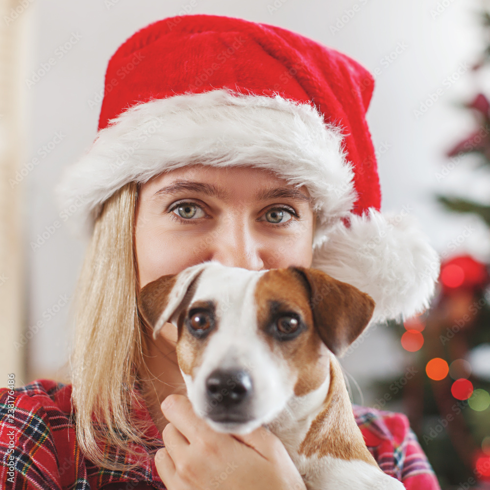 Happy woman with dog in christmas decoration Happy woman with dog in christmas decoration