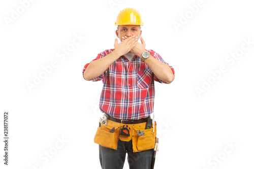 Builder covering mouth .