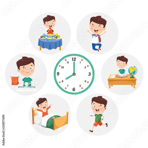Vector Illustration Of Kid Daily Routine Activities