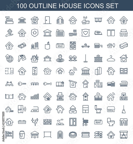 100 house icons. Trendy house icons white background. Included outline icons such as window, eco house, blinds, sponge, hanger, garage, paint bucket. house icon for web and mobile.
