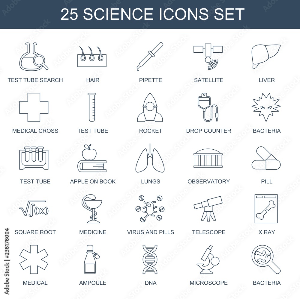 25 science icons. Trendy science icons white background. Included line icons such as test tube search, hair, pipette, satellite, liver, medical cross. science icon for web and mobile.