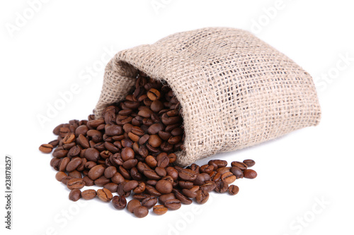 Coffee beans in burlap sack isolated on white