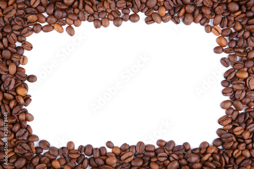 Frame of coffee beans isolated on a white background.